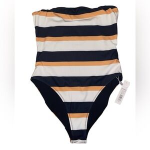 Caroline Constas Navy and Tan Striped One Piece Swimsuit
